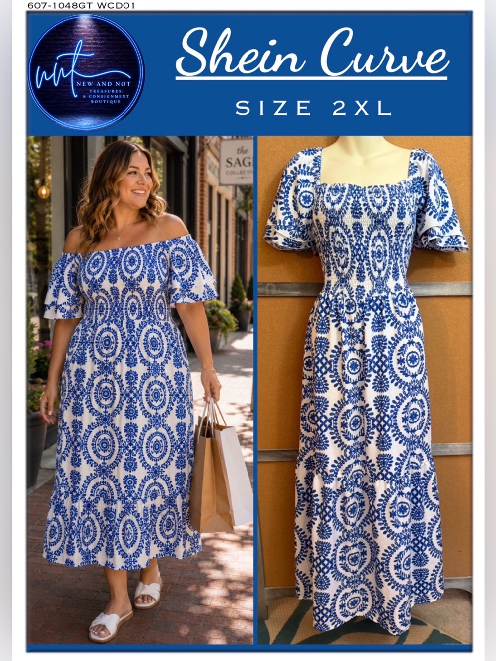 SHEIN Curve Blue & White Smocked Tiered Maxi Dress Plus Size 2XL
